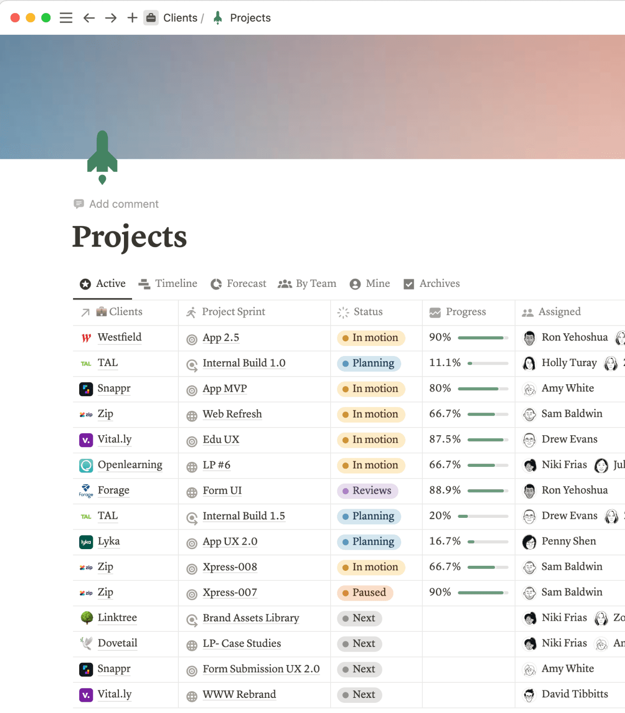 Raw Studio's database of projects is synced with their CRM database also in Notion. This allows them to analyze all of their project metrics agency-wide and per client while keeping client records automatically up to date as each project progresses.