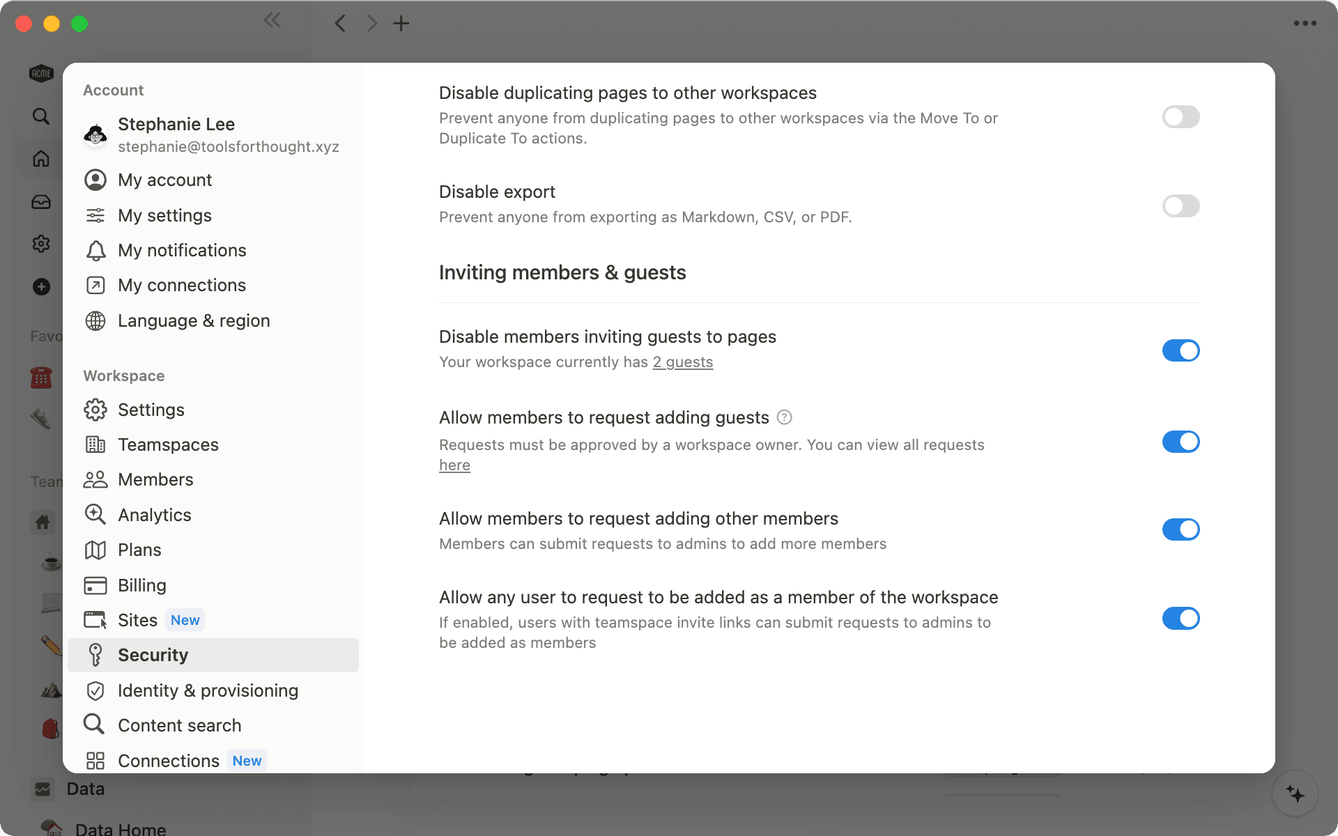 ワークスペースオーナーは「セキュリティ」メニューで、ゲストを追加できるユーザーとその方法を決定できます。