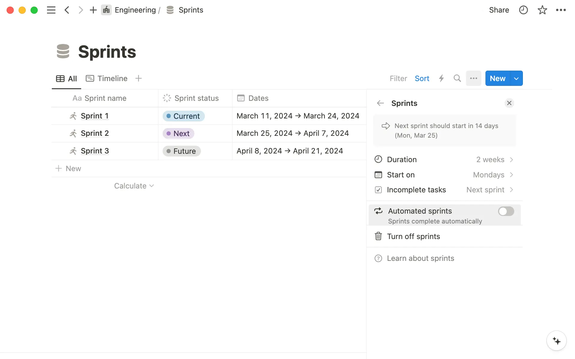 「スプリントの自動化」で完了と作成を自動化して、手動の作業を減らすことができます。