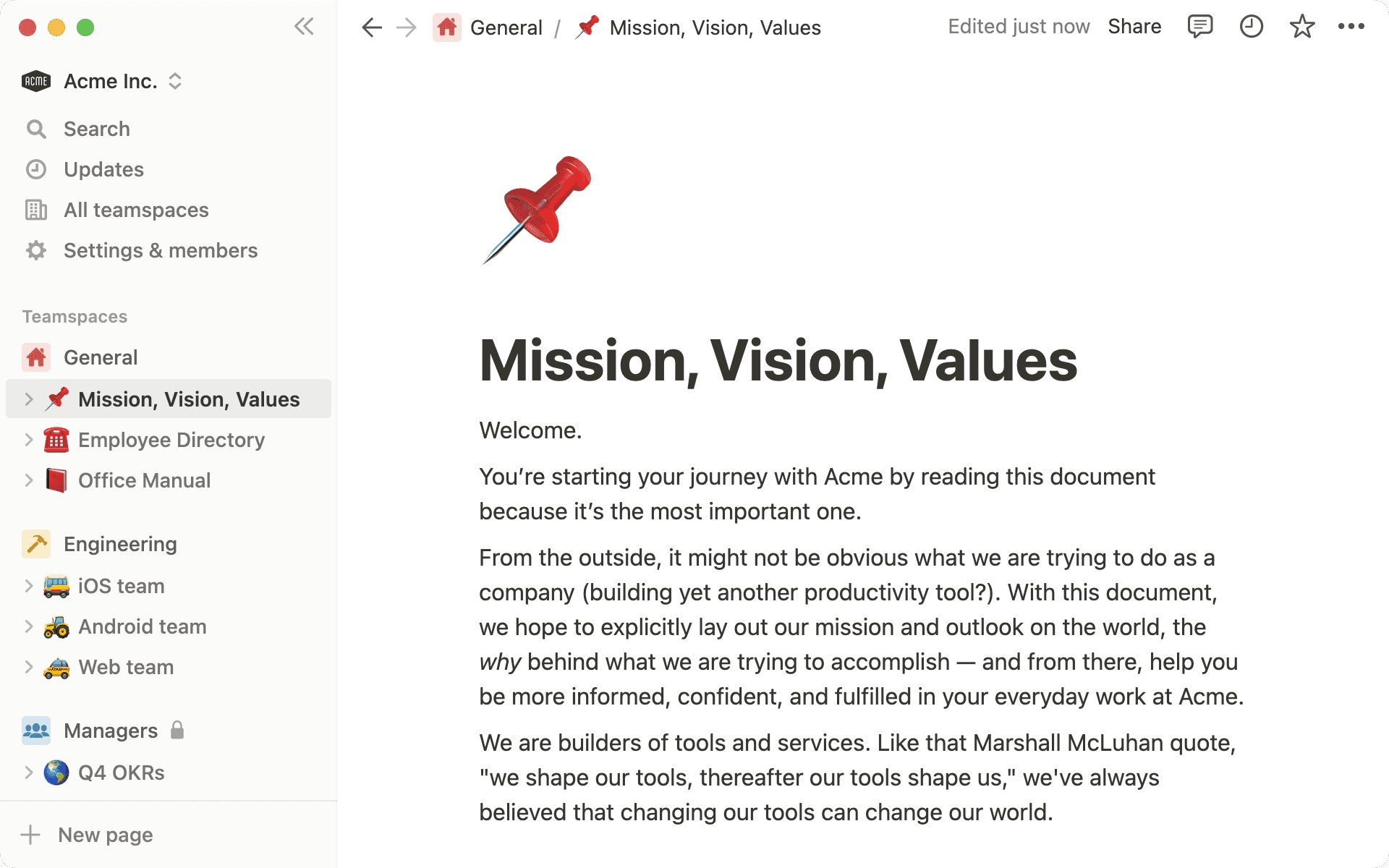 NotionアプリでGeneral、Engineering、Managersの3つのチームスペースがある画面。