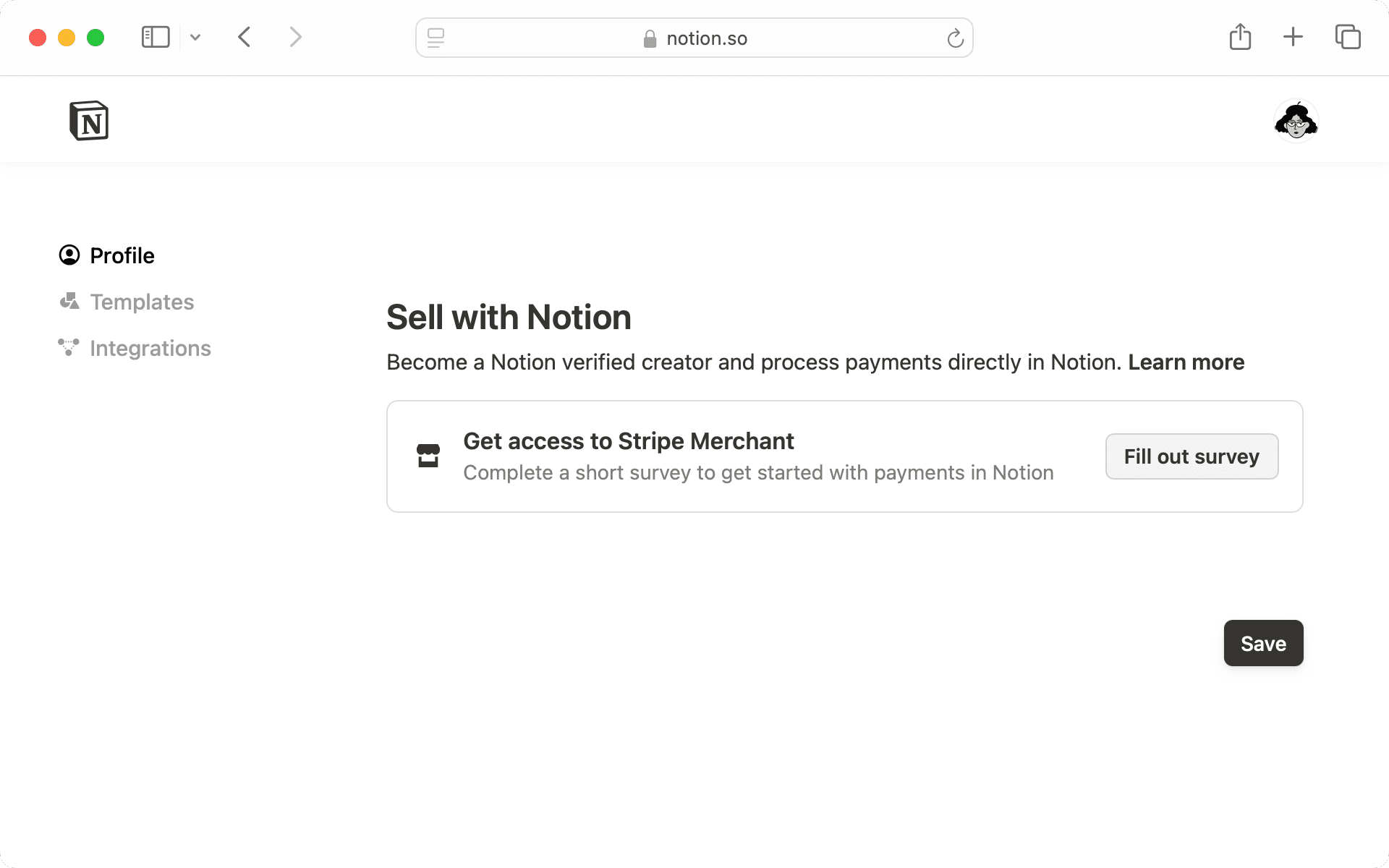 Notionで販売を希望する場合、アンケートに回答してStripe Merchantにアクセスします。