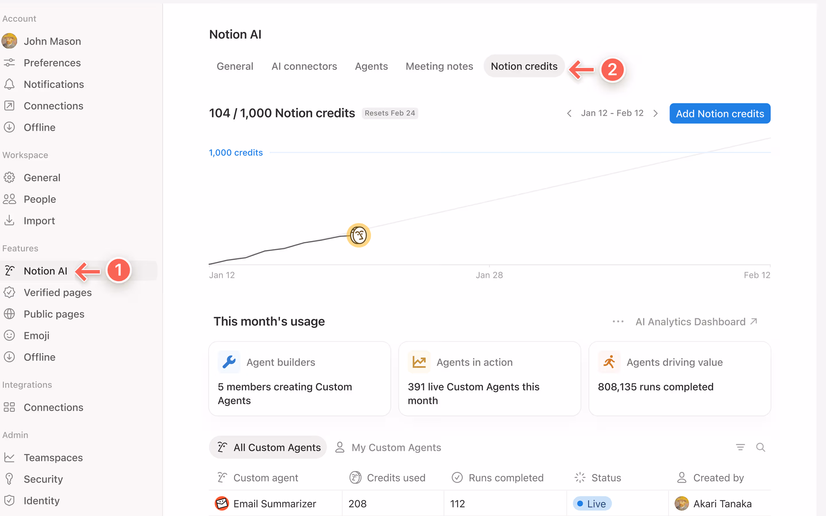 Notionクレジットダッシュボードにアクセスするには、設定 → Notion AI → Notionクレジットの順に移動します。