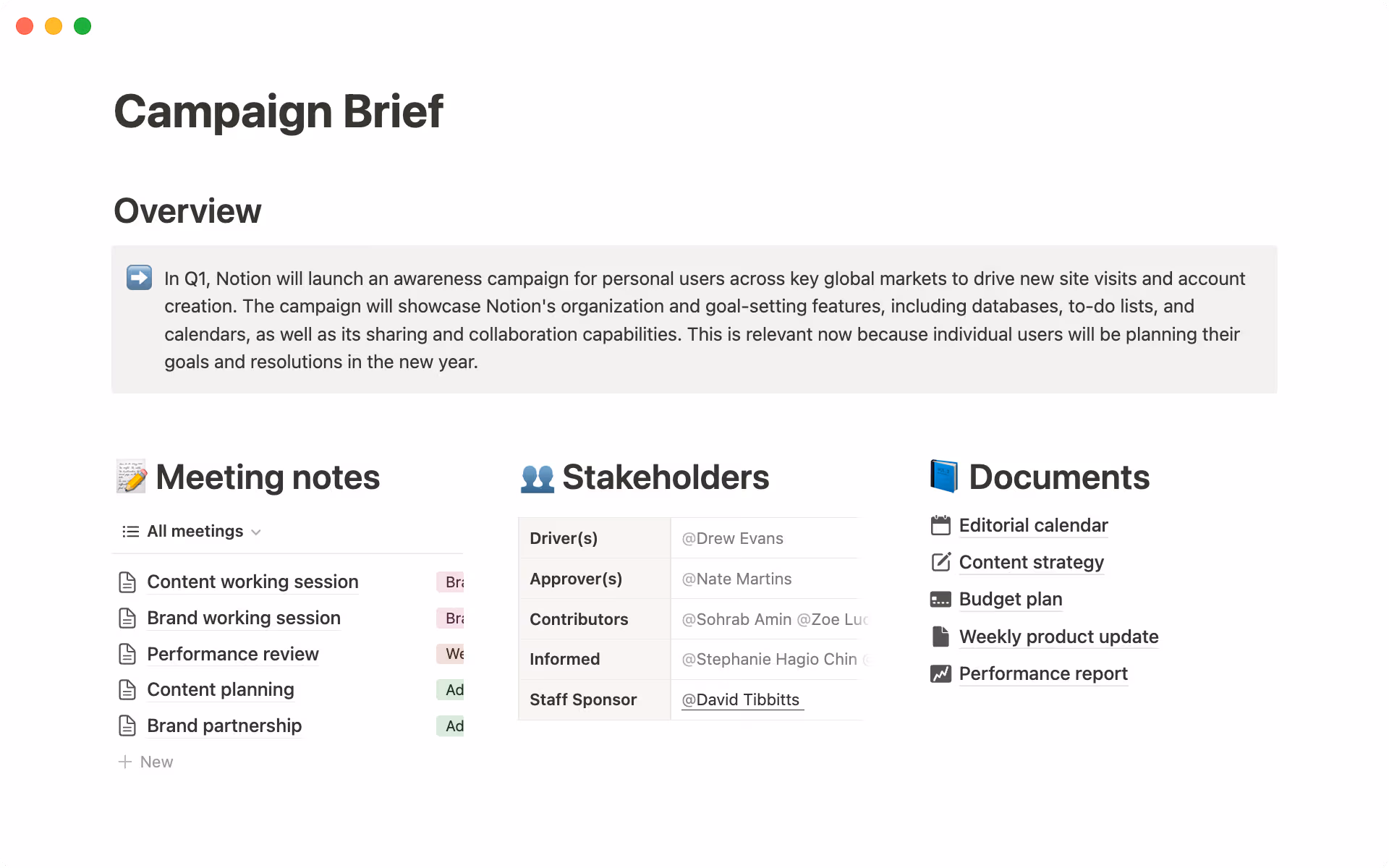 The campaign brief overview includes a summary, meeting notes, stakeholders, and documents.