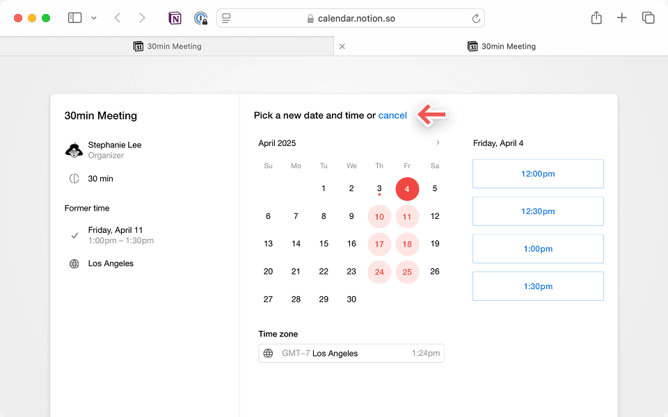 メールのカレンダー招待のリンクをクリックして、スケジュールの変更やキャンセルを行います。