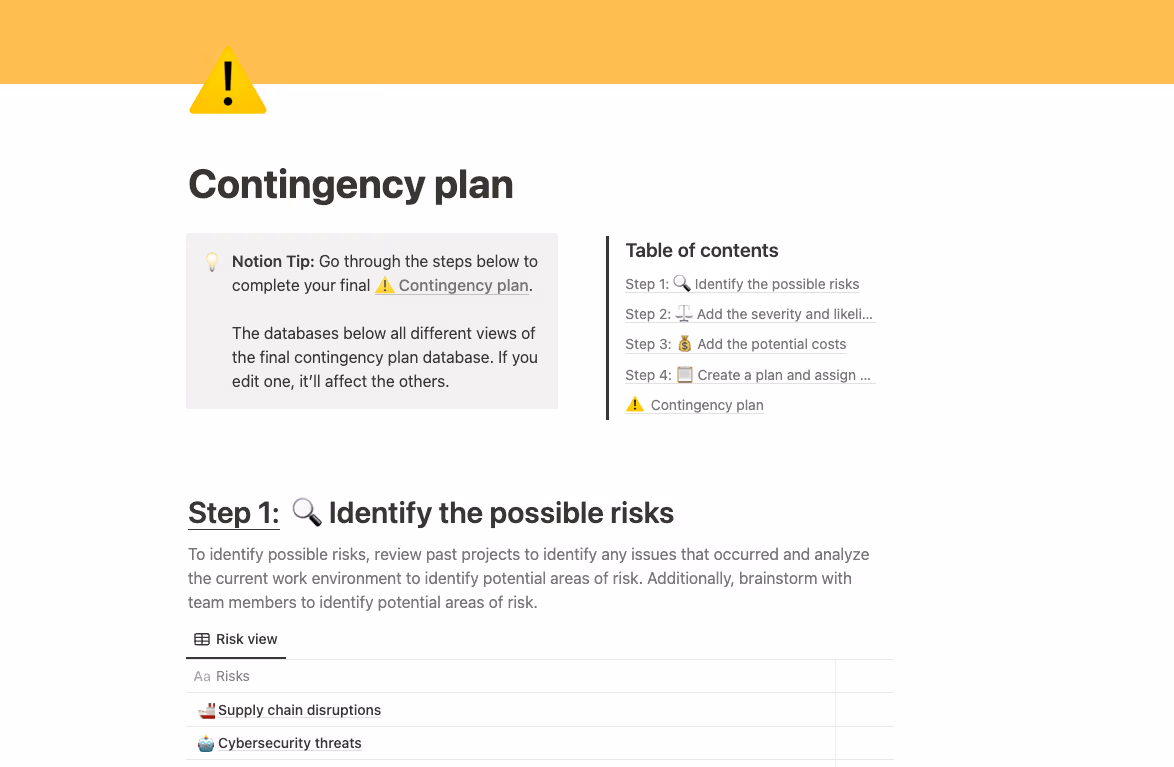 Notion's contingency plan template provides a solid guide to determine a crisis action plan.