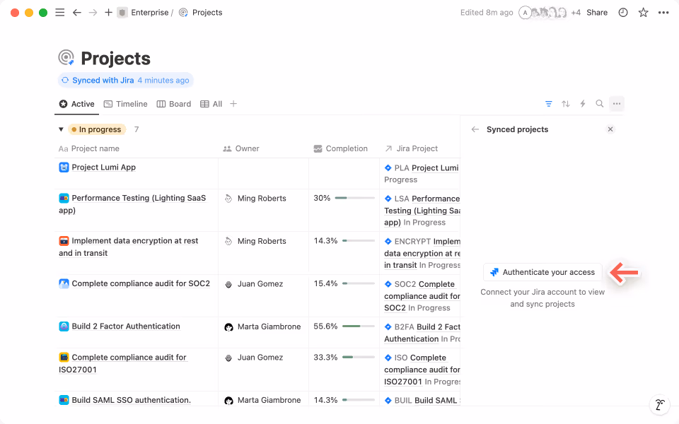 「アクセスを認証」をクリックして本人確認を行い、JiraプロジェクトをNotionに引き継ぎます