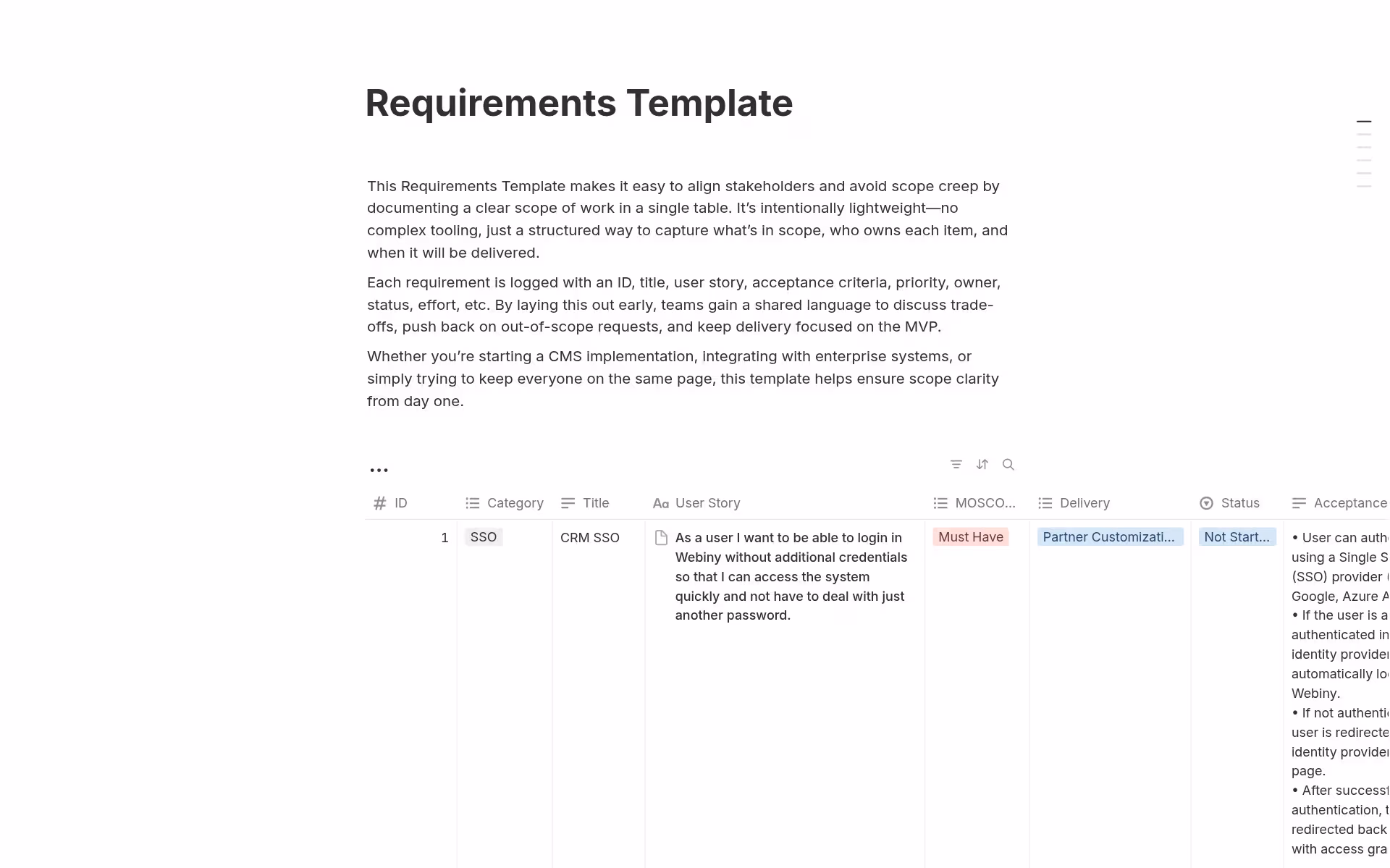 A requirements template in Notion that shows a table with columns for requirement ID, category, title, and more