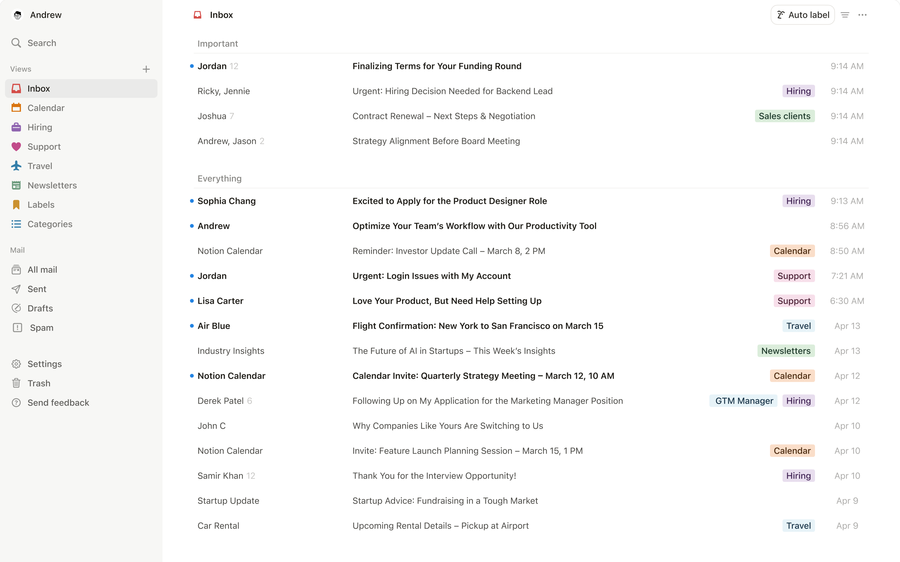 Une capture d’écran de Notion Mail sur desktop