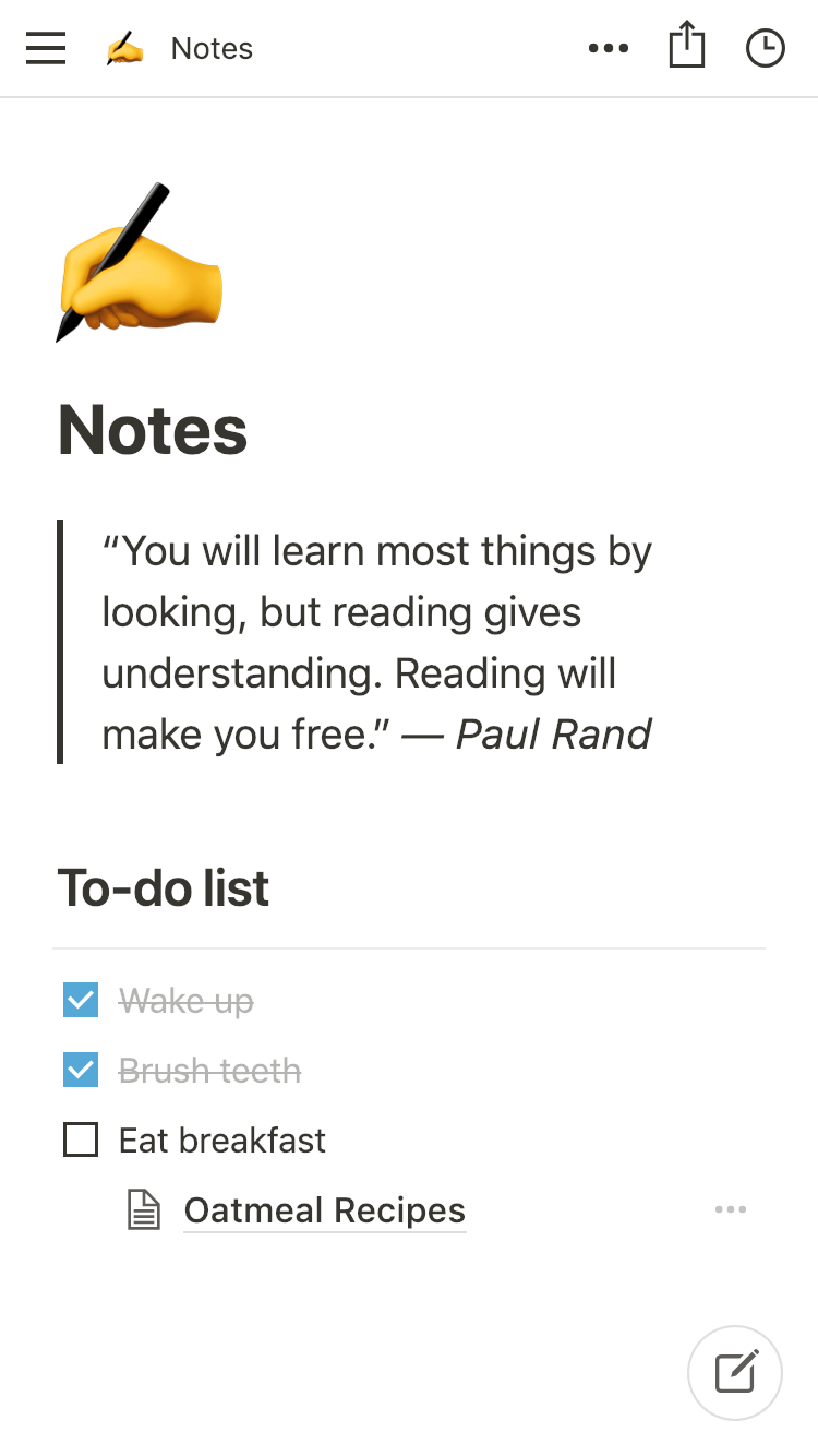 iPhone上のNotionモバイルアプリのスクリーンショット